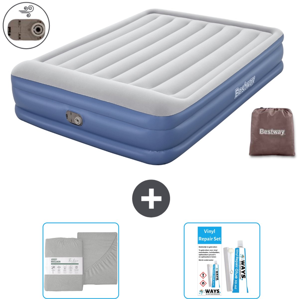Bestway luchtbed - 2-Persoons - 152 x 203 x 46 cm - Grijs/Blauw - Inclusief pomp - Hoeslaken en Reparatieset