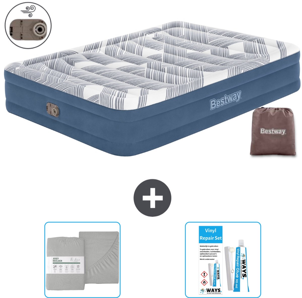 Bestway luchtbed - 2-Persoons - 152 x 203 x 36 cm - Blauw - Inclusief pomp - Hoeslaken en Reparatieset