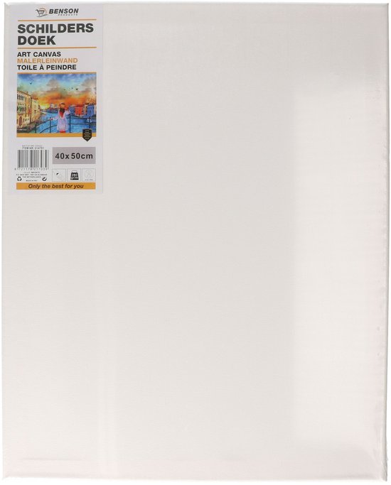 Witte schildersdoek van 40x50cm van Benson, met productinformatie en een afbeelding van Venetië.