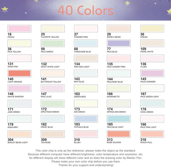 Color chart met 40 pastelkleurige markers, met nummer en kleur naam.