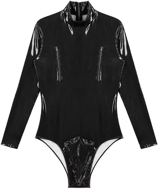 Body Lingerie Homme Cuir Verni - Clubwear - Fermeture Éclair - Catsuit - Zwart