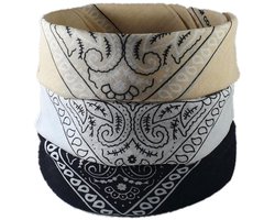 Fako Fashion® - Lot de 3 bandanas à motif cachemire - Mouchoir de ferme - Bandeau - Motif cachemire Classic - Zwart, Wit et beige