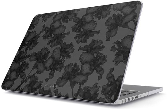 MacBook avec un logo Buga argenté et une coque à imprimé floral sombre.