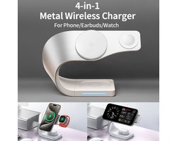 4 in 1 Metal Shell Draadloze Oplader, Snelle Magnetische Laadstation Stand Dock Voor iPhone 15 14 13 12, Apple Watch en AirPods, Universeel, Grijs, Perfect voor Thuis en Kantoor