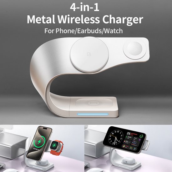 4-in-1 oplaadstation voor MagSafe, magnetisch, draadloos, inductielader voor Apple Watch, snel voor iPhone 15/14/13/12 Pro, voor AirPods Pro/Max/3/2/1 (adapter 30 W meegeleverd