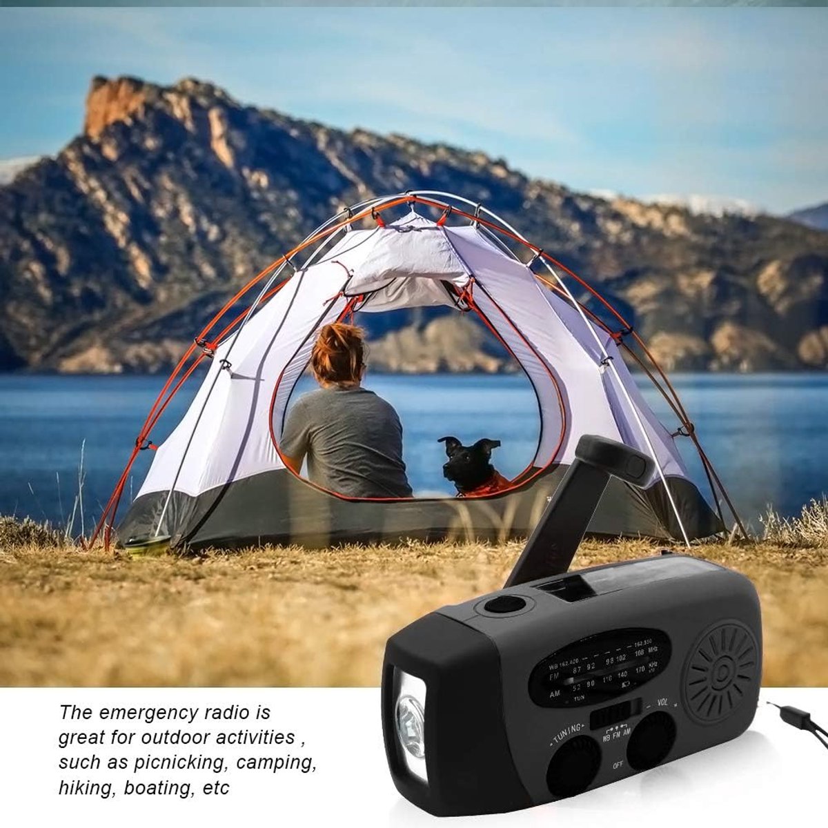 FM/AM/WB - Solar - Zaklamp - Powerbank- mini-noodoverlevingsradio op zonne - Noodradio Op Batterijen -energie - met 3 LED's Superheldere zaklamp 2000mAh batterij - aangedreven powerbank Smartphone-oplader - zwart – foto 7