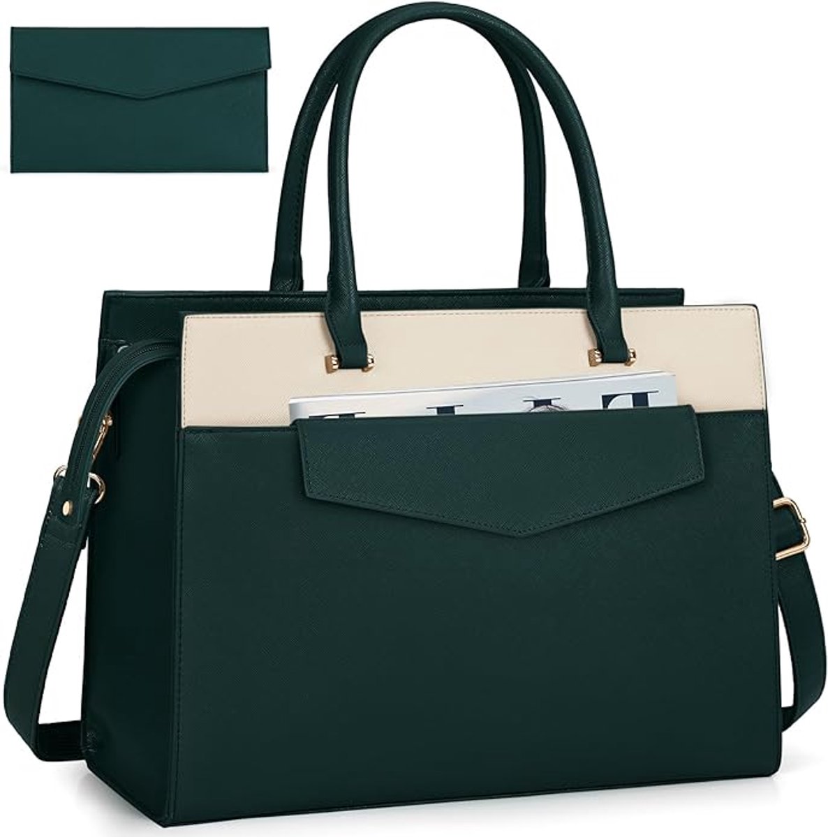Famanu - Laptoptassen voor vrouwen 15,6 inch, dames draagtas, synthetisch materiaal designer laptop handtas, grote werktas met envelop, clutch tas voor kantoor en school, Kleur: Groen met Beige