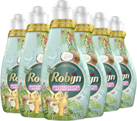 Lot économique de 6 bouteilles d'adoucissant Robijn Collections Kokos Sensation, chacune avec un ours en peluche, une noix de coco, des feuilles de palmier et des papillons.