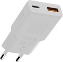 Witte Xtorm 25W Slim Wall Charger, detail van de poorten en specificaties. Met CE en VDE keurmerken.