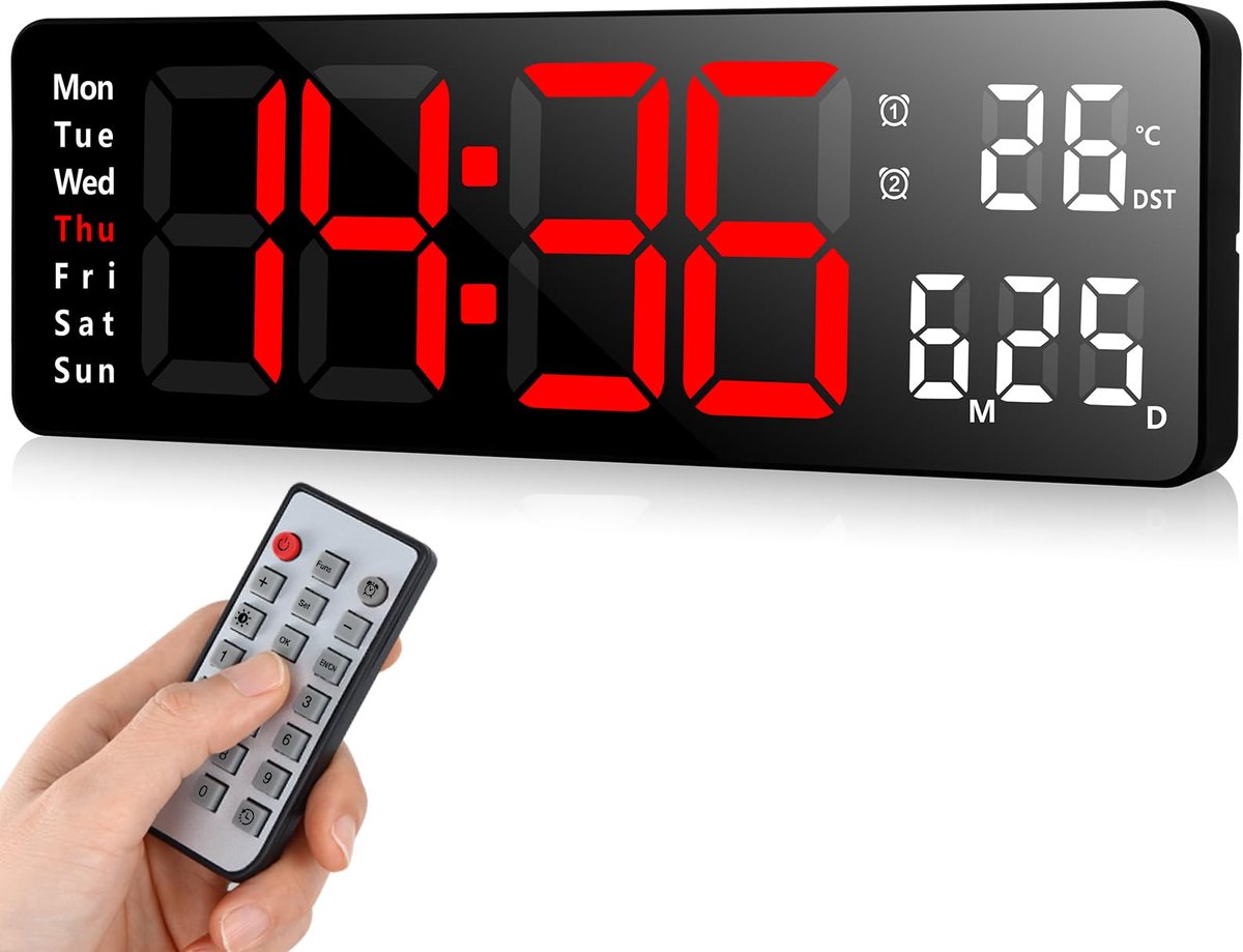 Fuloon Digitale Wandklok, LED Wandklok met 13-inch Groot Display, Digitale Wekker met Afstandsbediening, Tijdsaanduiding en Aftelling, Digitale Tafelklok met Datum, Week, Temperatuur voor Slaapkamer, Woonkamer