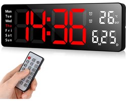 Fuloon Digitale Wandklok, LED Wandklok met 13-inch Groot Display, Digitale Wekker met Afstandsbediening, Tijdsaanduiding en Aftelling, Digitale Tafelklok met Datum, Week, Temperatuur voor Slaapkamer, Woonkamer