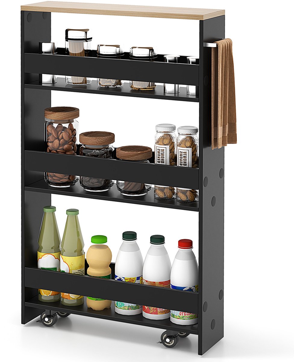 COSTWAY Nichewagen 13 cm breed, 4 etages keukentrolley smal, nisrek op wielen, serveerwagen met handvat & leuningen, badkamerrek hout, voor keuken, badkamer, 47,5 x 13 x 80,5 cm (zwart + natuur)
