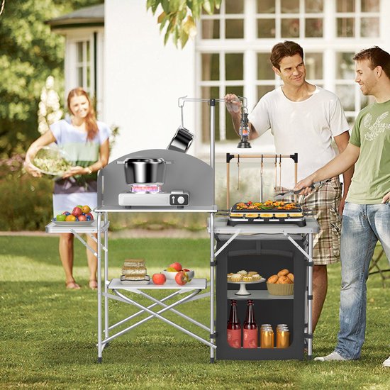 Opvouwbare campingkast, campingkeuken, campingkeukentafel, keukenkast met 3 werkbladen, lichtstandaard, afneembare voorruit en draagtas voor camping, strand, reizen van Merkloos — afbeelding 5