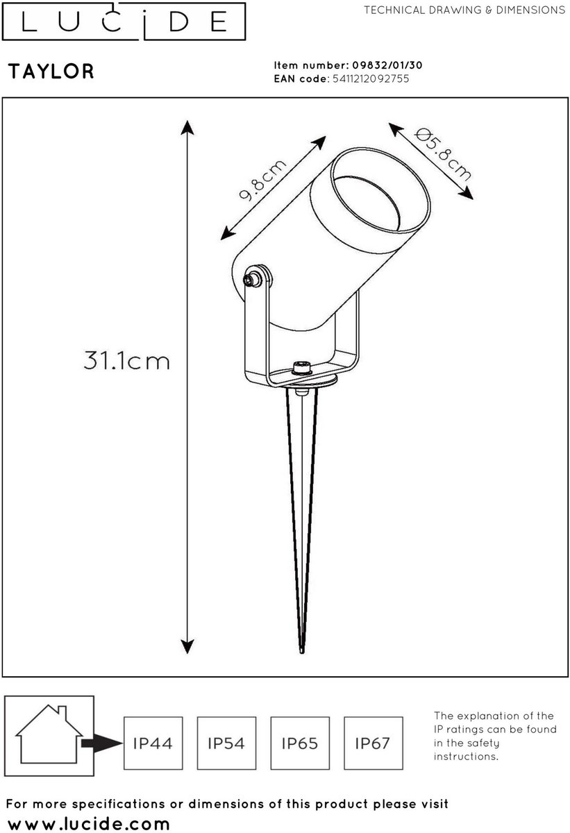 Lucide Taylor - Spot de jardin à piquer - Ø 10 cm - 1xGU10 - IP65 - Noir
