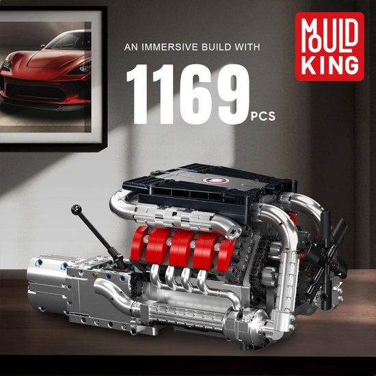 Gedetailleerde LEGO Technic V8 motor met rode cilinders en chromen uitlaten, naast een afbeelding van een rode sportauto.