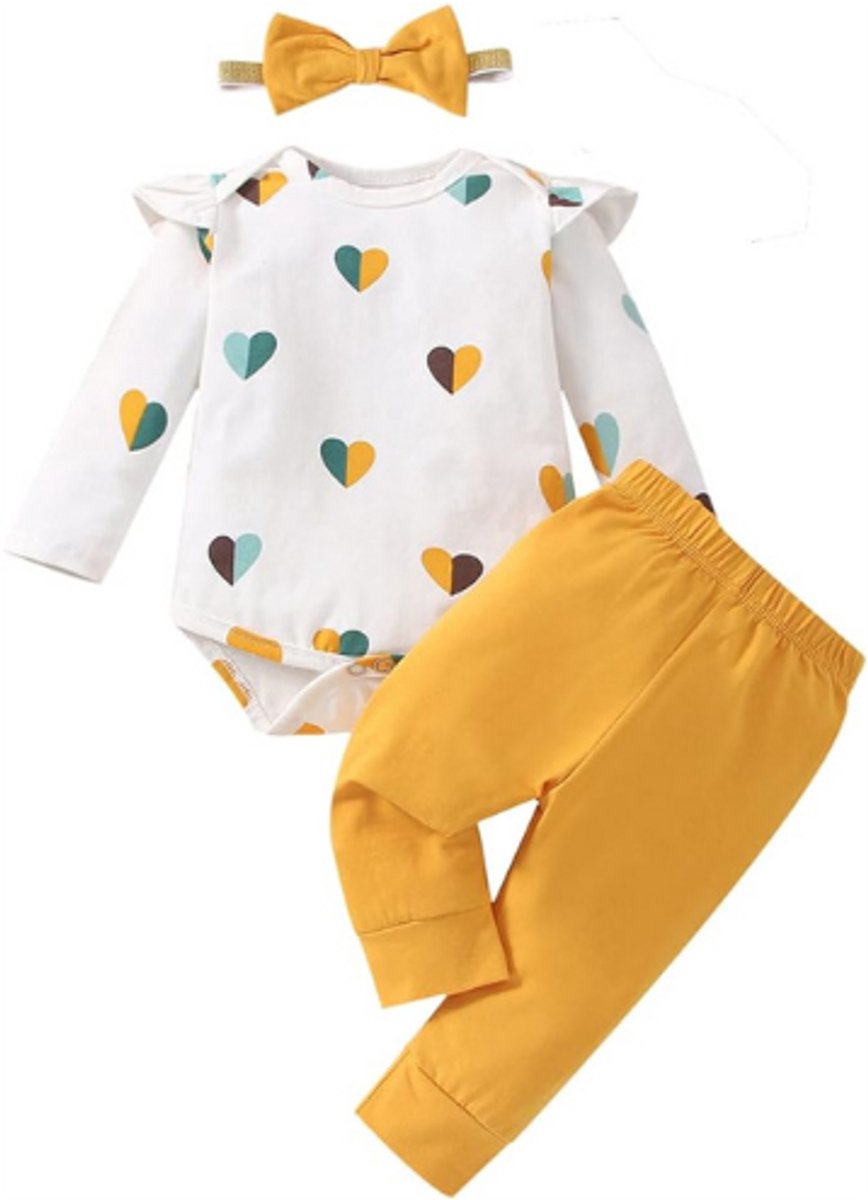 Image of 3-Delige Baby Kleding Set Voor Meisjes - Romper Met Hartjesprint En Broek Met Hoofdband - Outfit Voor Pasgeboren Baby 0-18 Maanden
