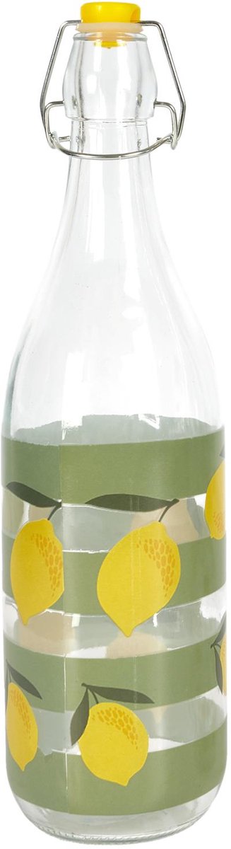 Glazen Beugelfles 1 Liter – Herbruikbare Waterfles met Citroenprint en Groene Strepen – Met Gele Beugelsluiting – Fles voor Water, Limonade, Sap – Zomer Design – BPA-vrij