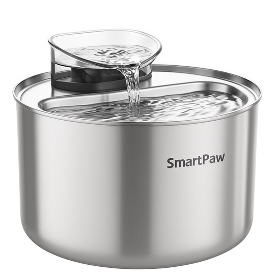Roestvrijstalen drinkfontein van SmartPaw met stromend water, close-up.