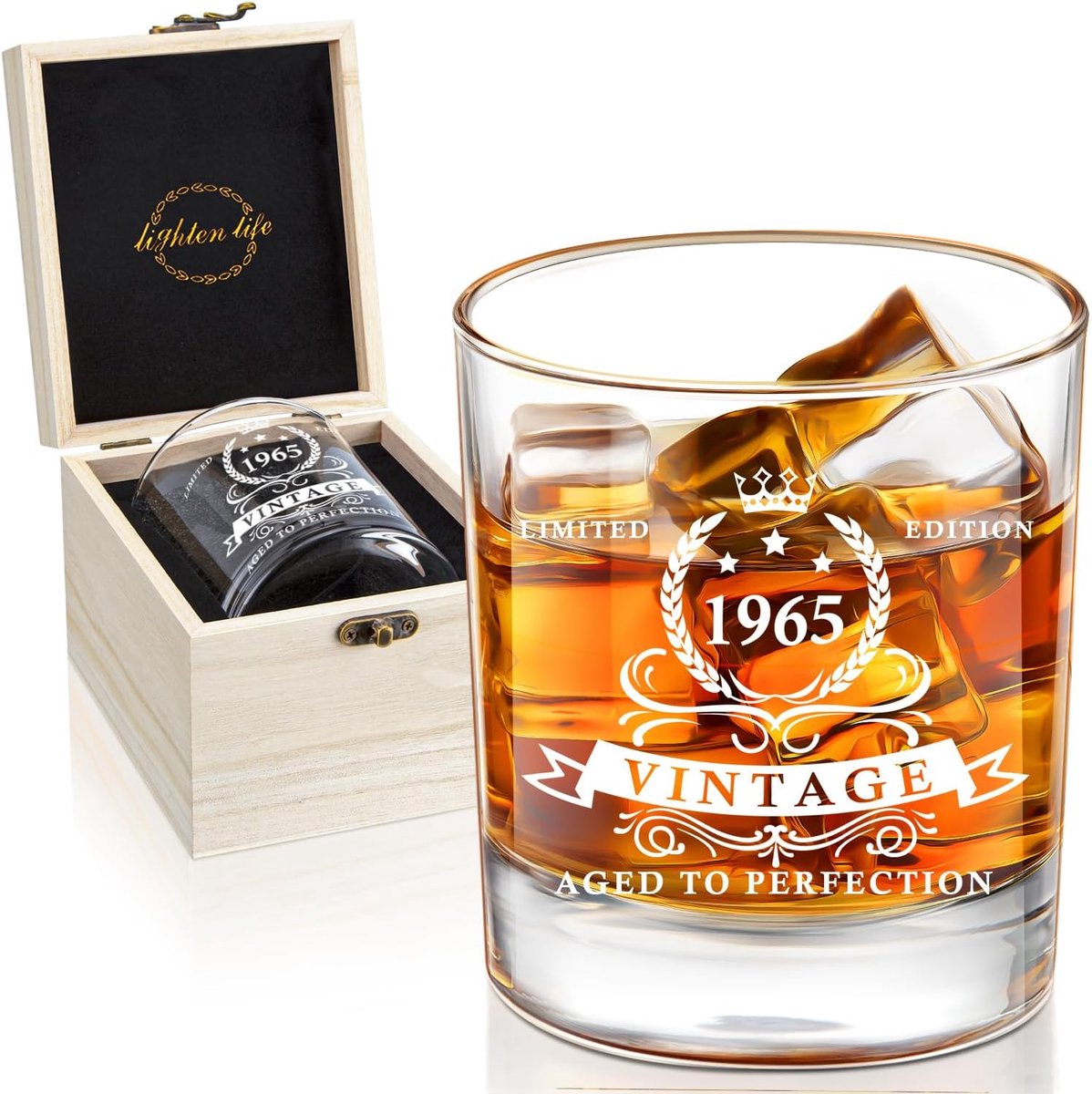 Cadeau-ideeën voor 60e verjaardag - Whiskyglas 1965 in luxe houten doos voor Mannen