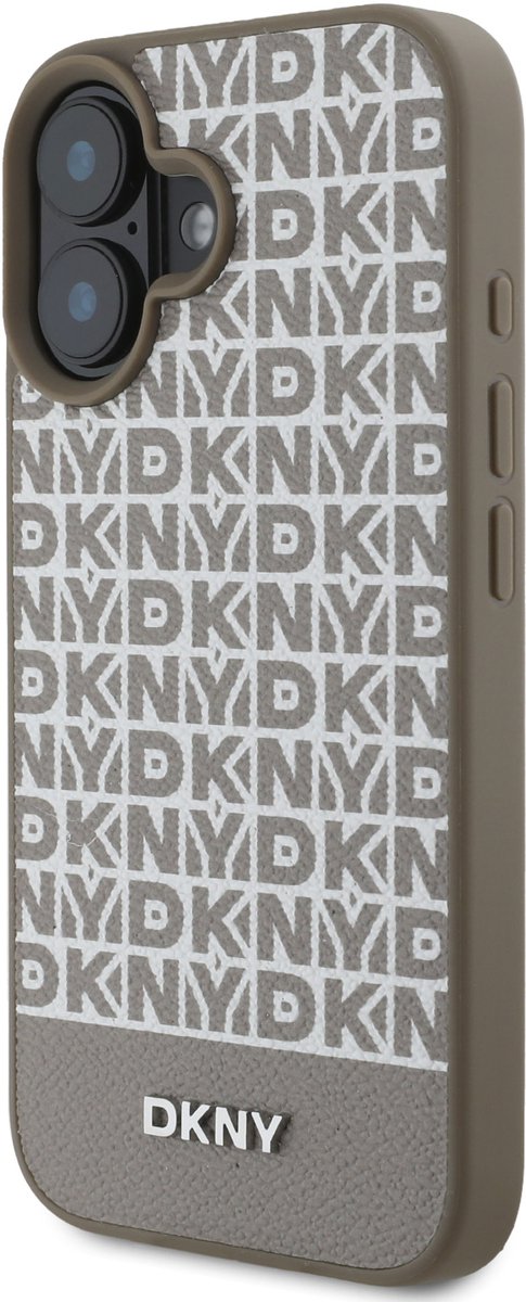DKNY – Backcover iPhone 16 – PU Leather Repeat Pattern Bottom Stripe - MagSafe - Bruin