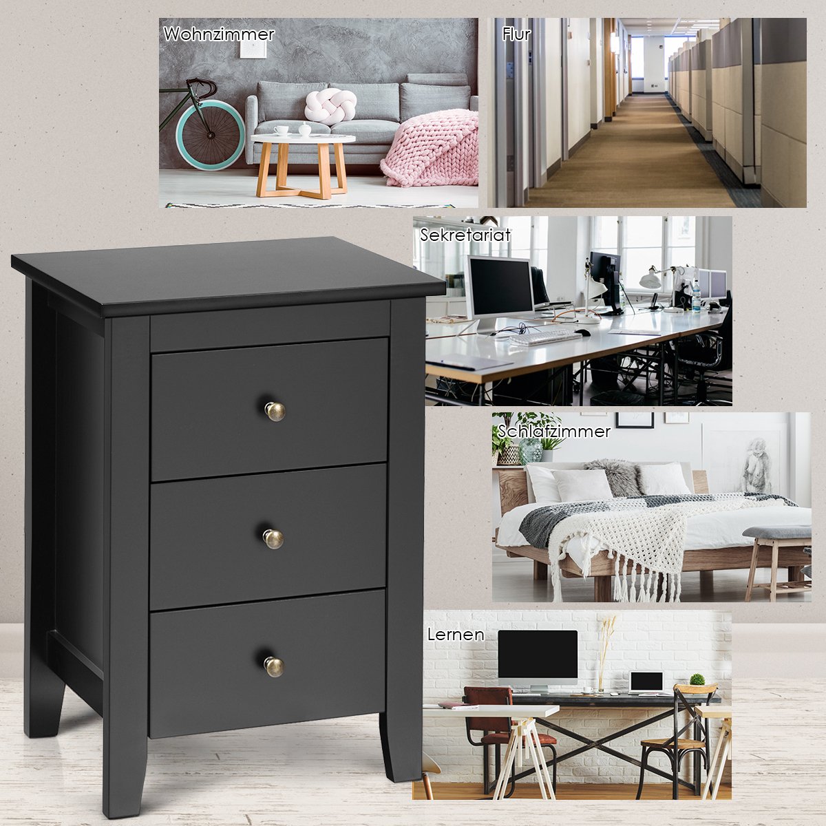 COSTWAY Nachtkastje met 3 laden, voor boxspringbed