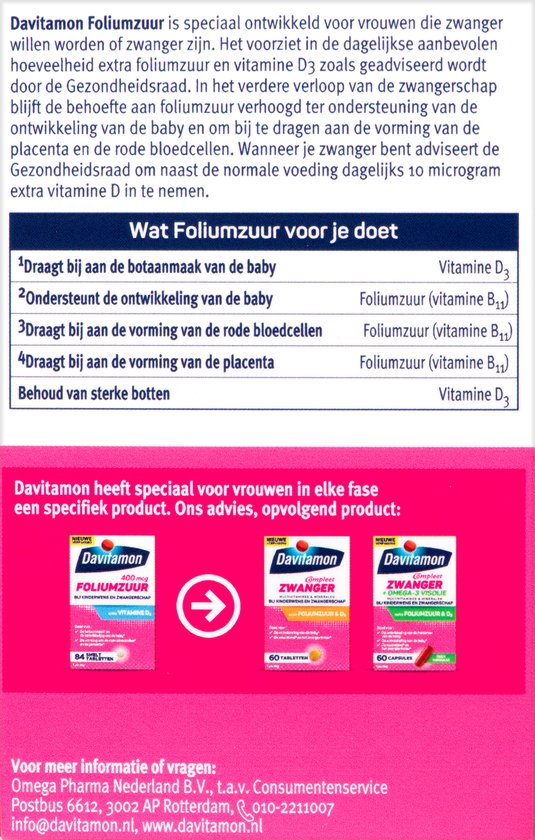 Informatiepagina Davitamon Foliumzuur met extra vitamine D3 voor vrouwen die zwanger willen worden of al zijn. Toont verpakkingen van 60 capsules, 60 tabletten en 84 smelttabletten.