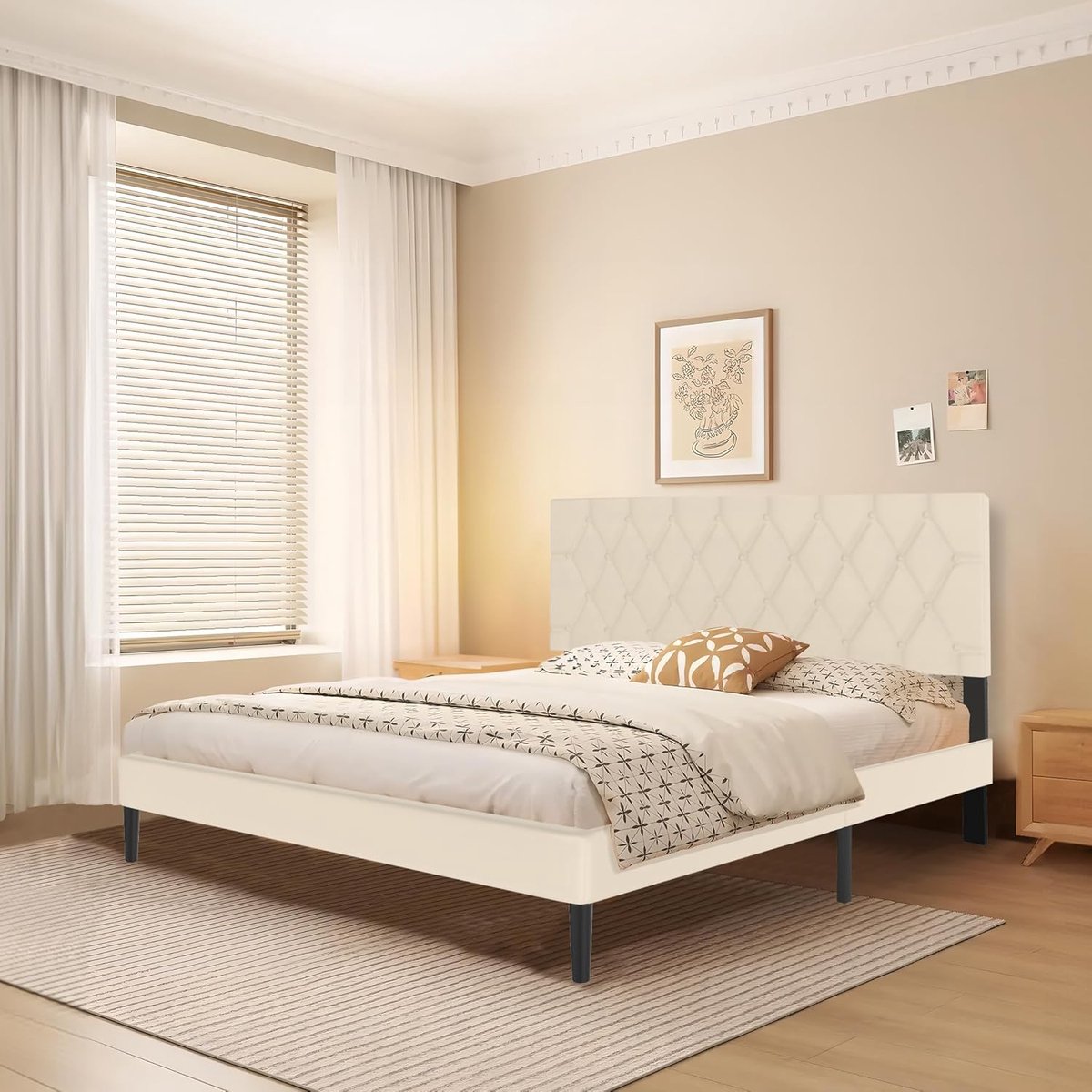 Aufun Beige 140×200 cm Modern Bedframe Met Leren Hoofdeinde, Platformbed Met Houten Lattenbodem, Minimalistisch Tweepersoonsbed, Bedframe Voor Slaapkamer Gastenkamer