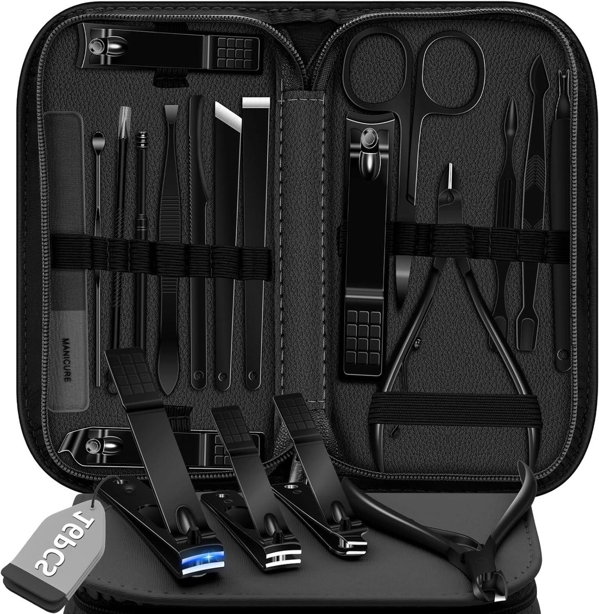 Manicure Set Pedicure Set 16 Pieces Stainless Steel Nail Clippers - Professional Nail Care Kit with Portable Travel Case for Men Women (Black)