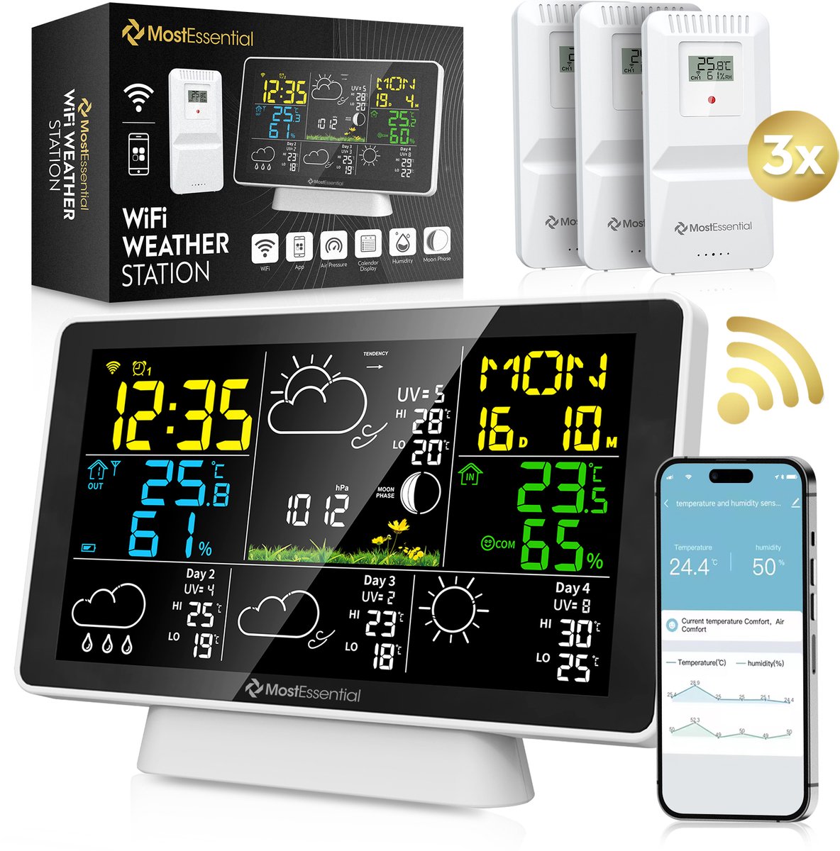 MostEssential Weerstation Wifi Edition - Plug & Play Installatie - Draadloos - Weerstation met Buitensensor - Hygrometer - Binnen en Buiten - 150 Meter Bereik - Inclusief App - Wit - 3 sensors