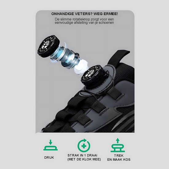 Detail van de BOA-sluiting op een zwarte Silvex werkschoen, met instructies voor gebruik.