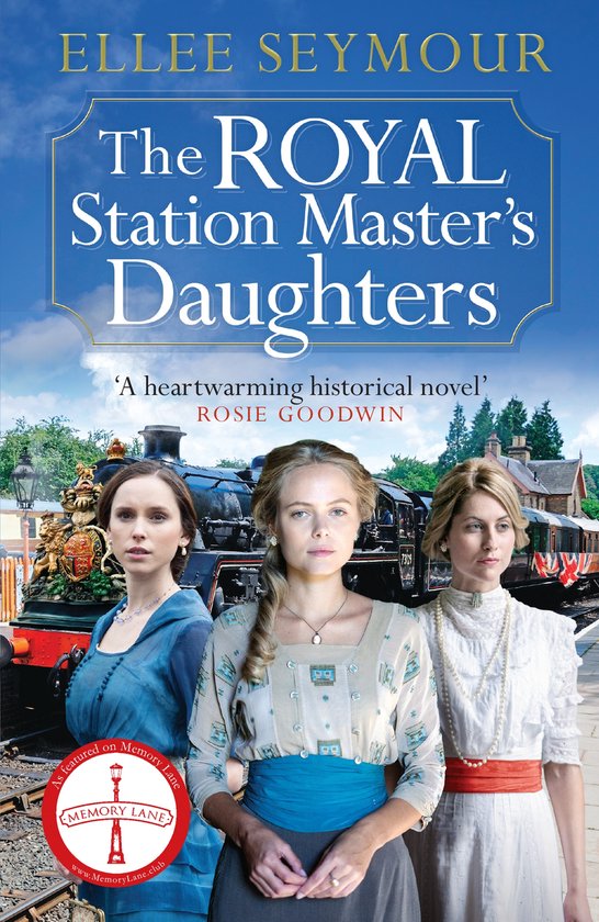 Drie vrouwen staan voor een stoomlocomotief. Titel: The Royal Station Master's Daughters.