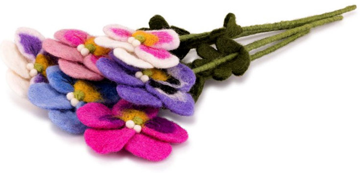 Sjaal met Verhaal Bloemen Wolvilt - Viooltjes - Set 6 st - Fuchsia/Lichtblauw/Lila/Roze/Wit-Lila/Wit-Roze - Handmade-Fairtrade - Homedeco - 30cm Bloem-Viooltjes-Set-6