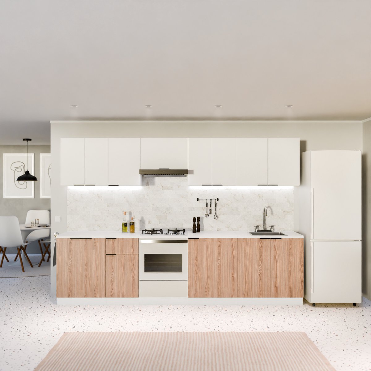 Blumfeldt Keukenkast – Hoge kast met 16 mm melamine coating, soft-close scharnieren, aluminium grepen, wandmontage, wit-eiken, keukenmeubel
