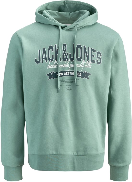 Sweat à capuche vert d'eau Jack & Jones avec un imprimé bleu foncé sur la poitrine.