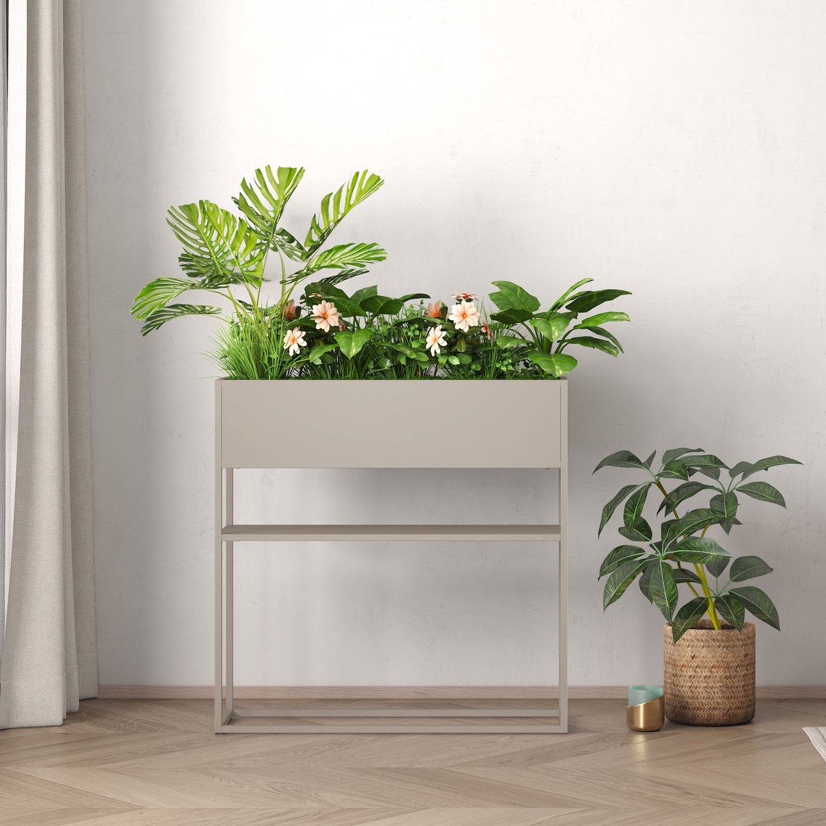 Plantenstandaard Joensuu 80x80x25 cm met plank lichtgrijs [en.casa]