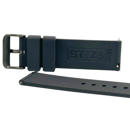 Zwarte siliconen horlogeband van Staza met zwarte gesp, 22mm.