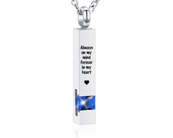 Luxe Ashanger | Met Ketting En Gravering | Always On My Mind Forever In My Heart | Assieraad | Zilverkleurig Met Blauwe Steen | As Ketting | Gedenksieraad | Urn | Incl. As vuller