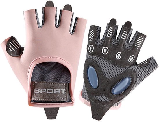 Roze en grijze vingerloze sport handschoenen naast elkaar.
