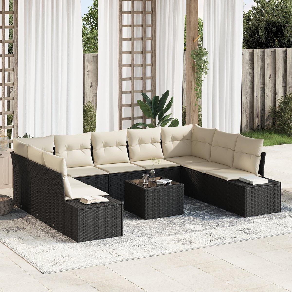 vidaXL - Tuinbank - Set - met - kussen - 9 - pcs - Zwart - en - Crème - Polyrattan