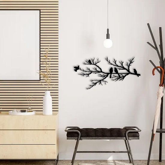 Décoration murale en métal oiseau - silhouette de branche d'arbre - à suspendre - pour balcon, jardin, salon - décoration - famille - noir - 43x18,6cm - 1 pièce