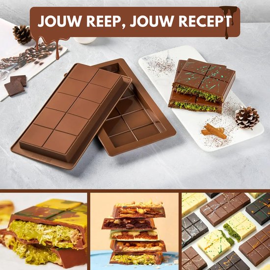 Collage van bruine siliconen chocoladevormen en diverse gevulde chocoladerepen met verschillende toppings en vullingen.