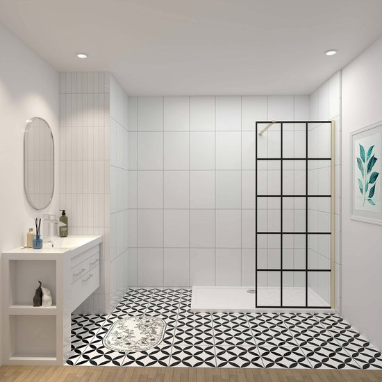 Douchewand-Inloopdouche 100x200cm met mat Zwart kader en raster 8mm NANO EasyClean veiligheidsglas gouden profiel N-Form 140cm Stabilisatiestang