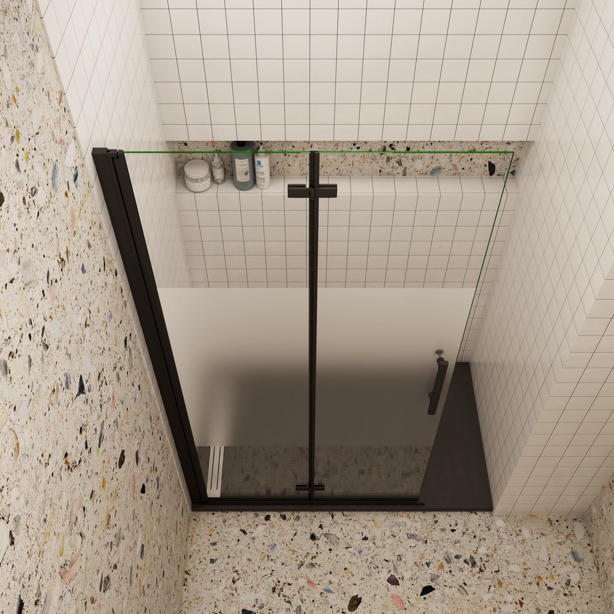 Douchewand-Inloopdouche vouwdeur 115x195cm met matte folie middelban 6mm NANO veiligheidsglas mat zwart profiel