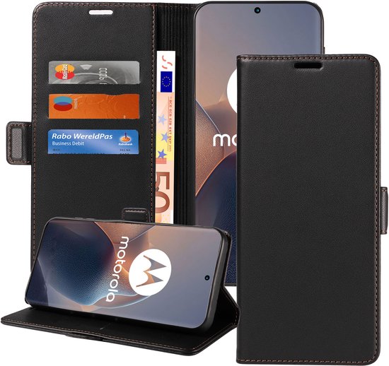 Étui de téléphone noir ouvert, avec porte-cartes, un billet de 50 euros et un téléphone avec le logo Motorola.
