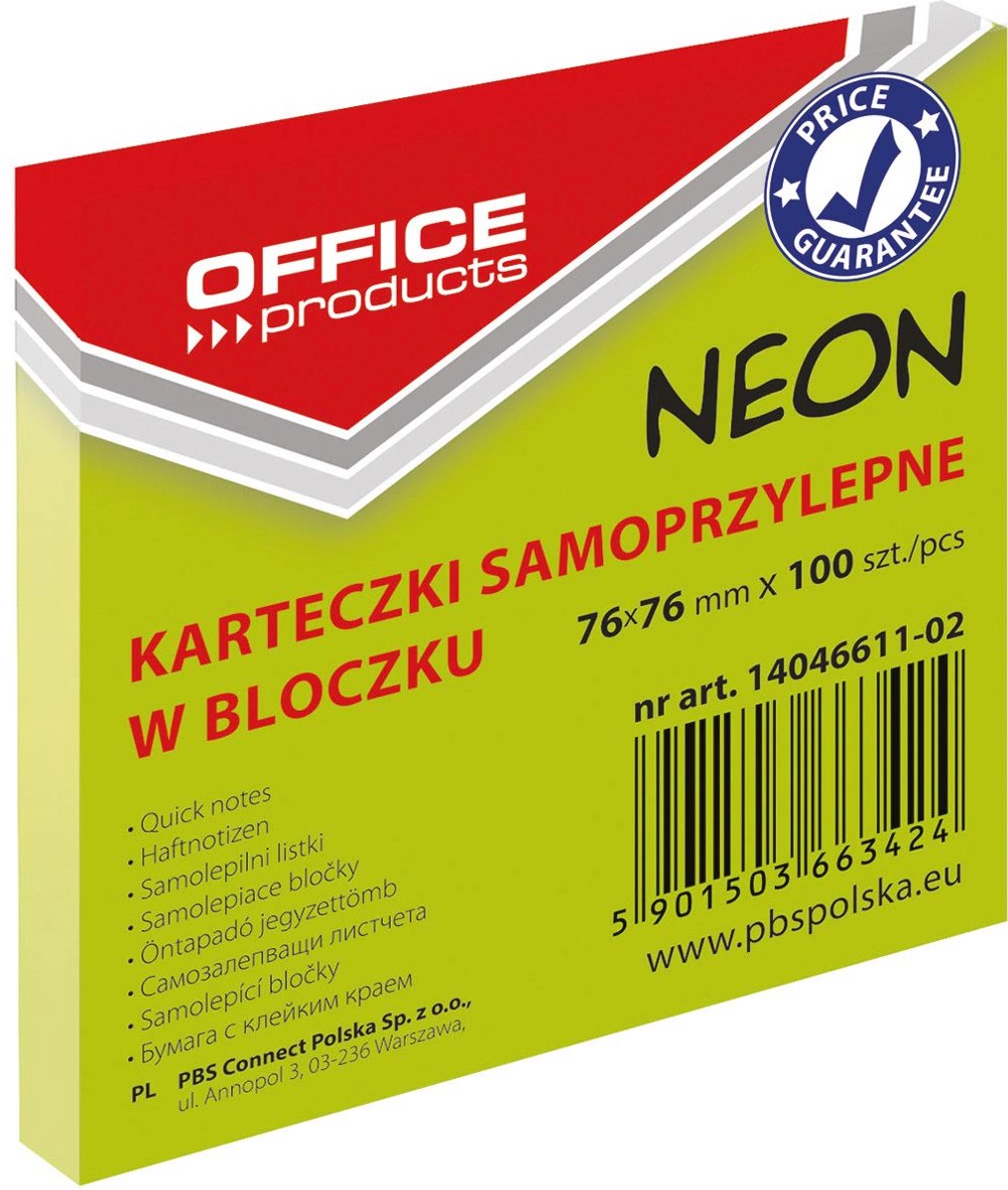 OFFICE PRODUCTS 14046611-02 zelfklevende notitie 76 x 76 mm, 1 x 100 vel, neon/groen