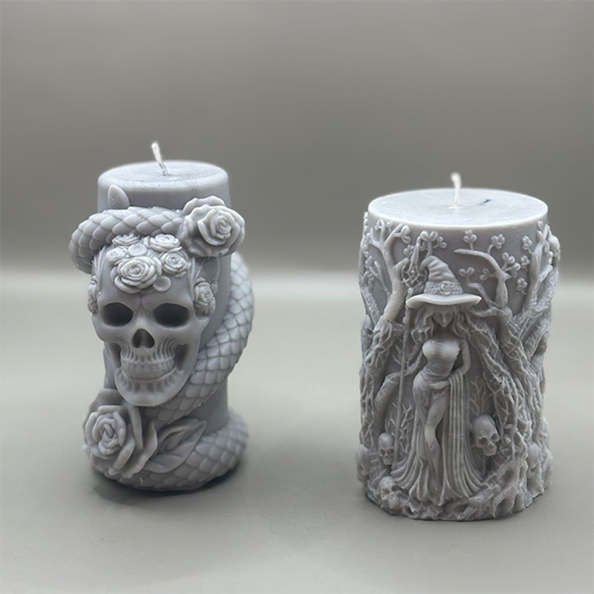 Set van 2 Handgemaakte Fantasy Geurkaarsen – Halloween Decoratie met Heks & Schedel – Palmwas – Autumn Spice – 6 Uur Brandtijd