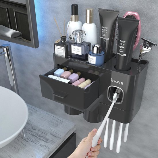 Automatische tandpasta dispenser, waterdichte stofvrije wandgemonteerde tandpasta knijper, tandpasta houder badkamer accessoires, automatische tandpasta dispenser voor badkamer, toilet (zwart