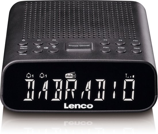 Zwarte digitale wekkerradio met wit display, 'DABRADIO', en zichtbare knoppen.