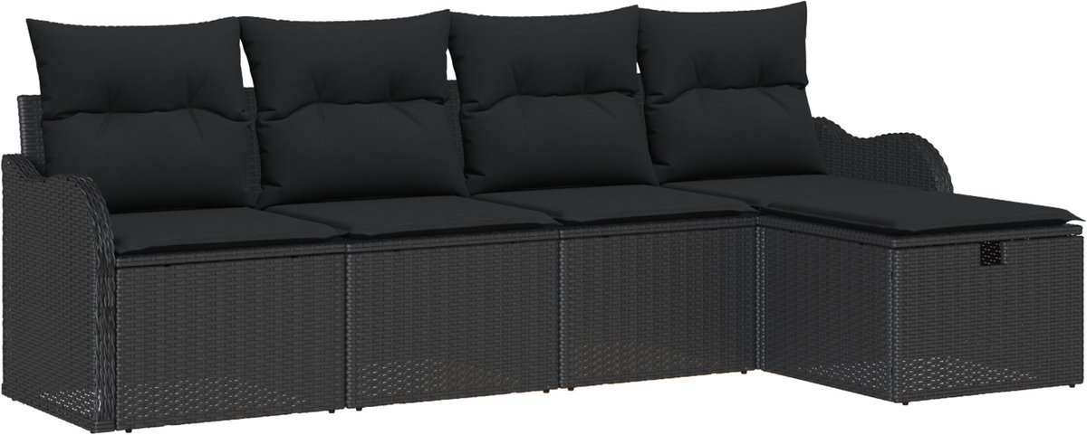 vidaXL - Tuinbank - Set - met - kussen - met - opslag - 5 - pcs - Zwart - Poly - rattan