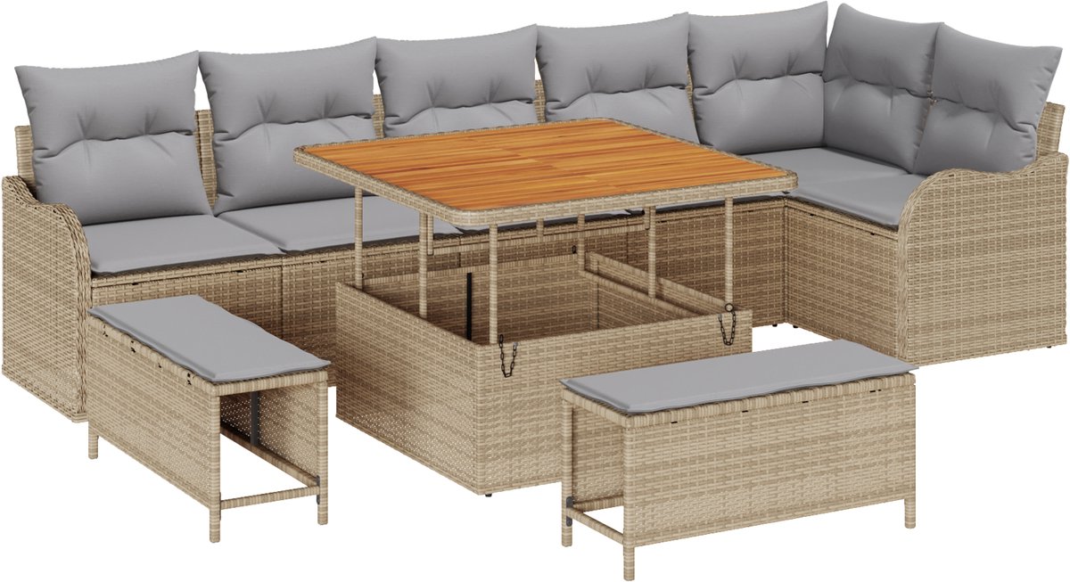 vidaXL - Tuinbank - Set - met - kussen - met - opslag - 9 - pcs - Beige - en - Lichtgrijs